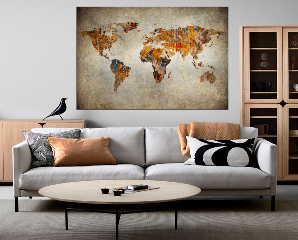 Bruine Wereldkaart Canvas Schilderij