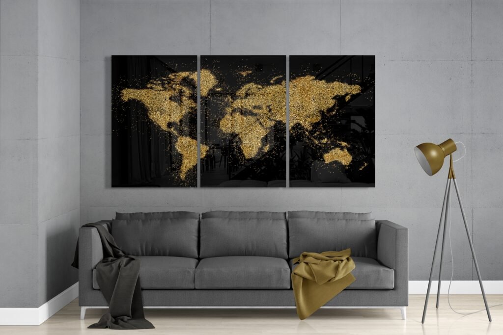 Wereldkaart Goud Glasschilderij