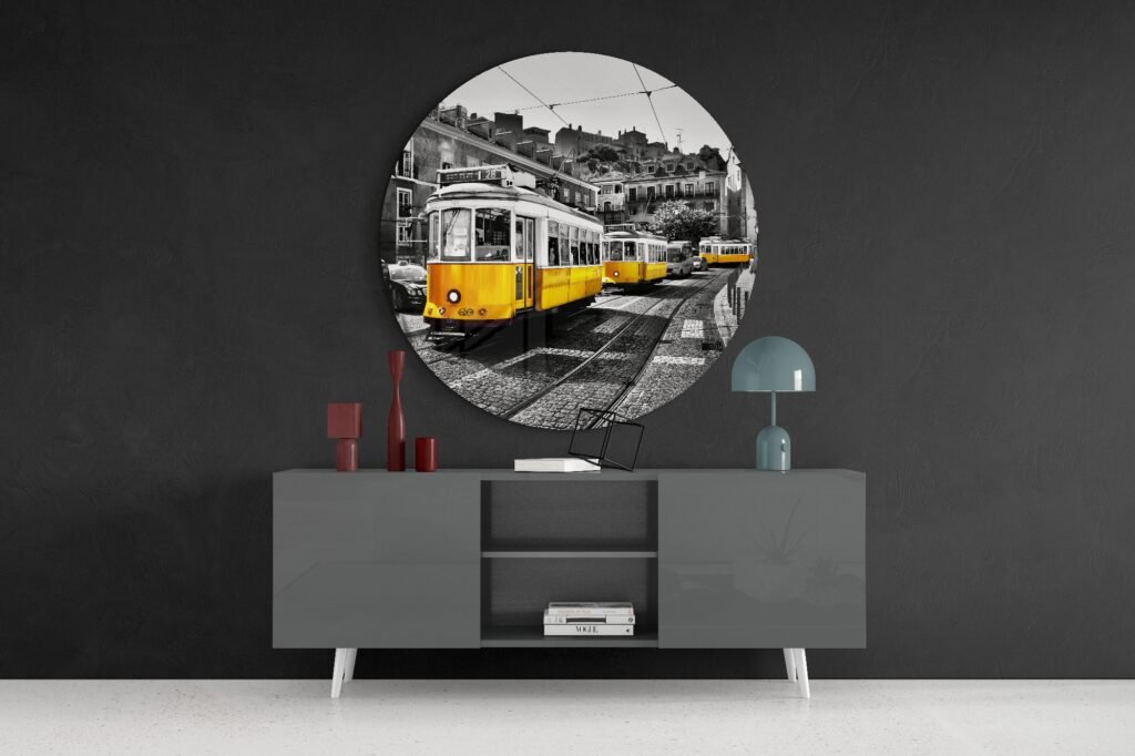 Gele Tram Glasschilderij