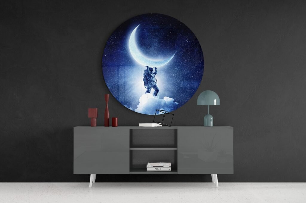 Halve maan Astronaut Glasschilderij