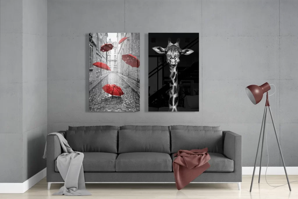 Giraffe en paraplu's Glasschilderij