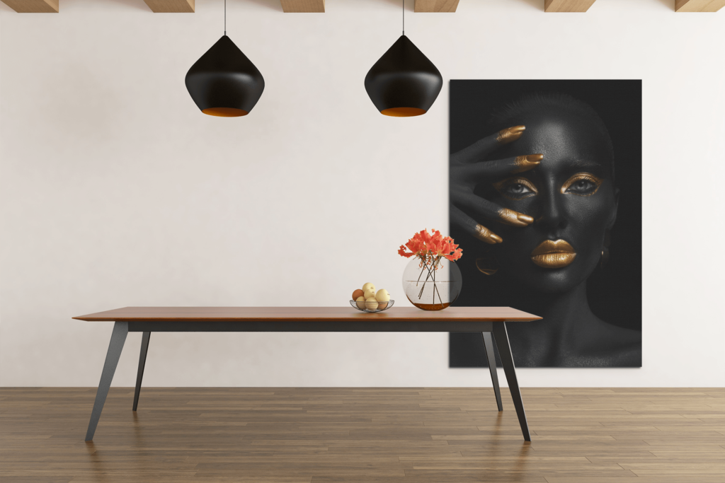 Vrouw zwart goud Canvas schilderij.