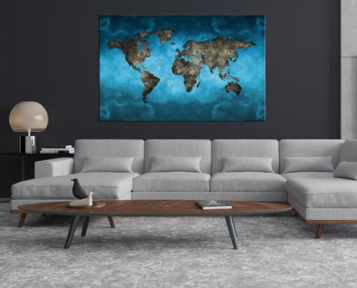 Wereldkaart blauw Canvas Schilderij