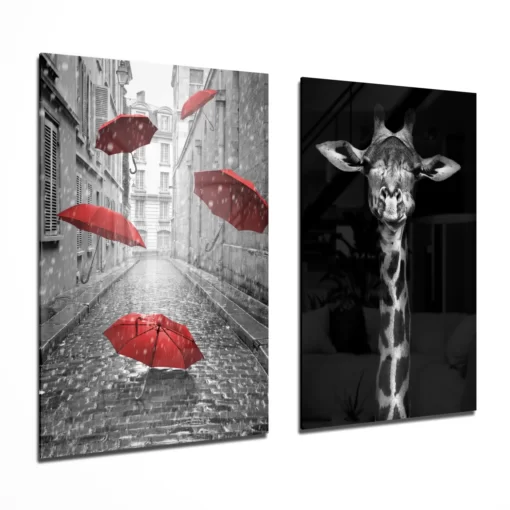 Giraffe en paraplu's Glasschilderij